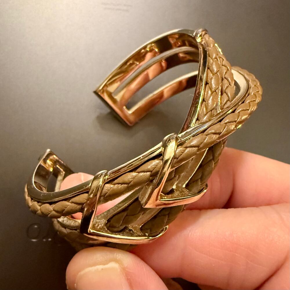 Cole Haan Chevron Brown Leather Braided Gold Tone Cuff